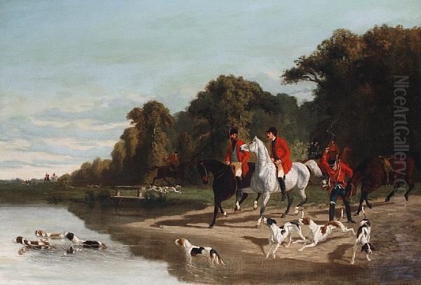 A Stag Hunt With Hounds Crossing Thewater Oil Painting by Alfred De Dreux