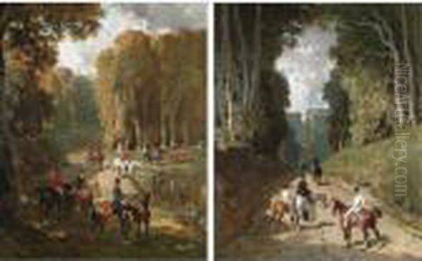 A Hunting Party By A Lake; Riders On A Forest Path Oil Painting by Alfred De Dreux