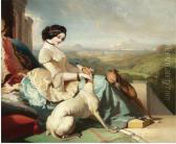 Chtelaine Assise Avec Les Levriers Sur La Terasse D'un Chateau En Ecosse Oil Painting by Alfred De Dreux