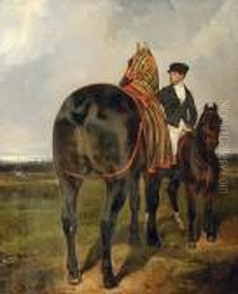 A Horse Held By A Mounted Groom, In A Landscape Oil Painting by Alfred De Dreux