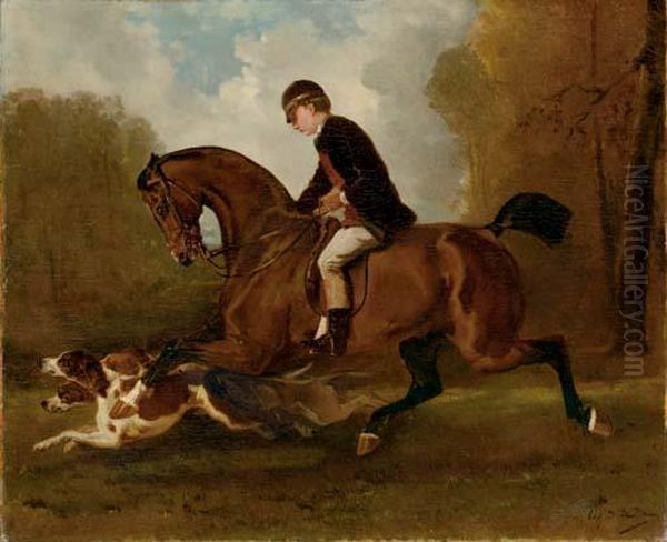 A Young Boy On Horseback With Hounds In A Forest Oil Painting by Alfred De Dreux