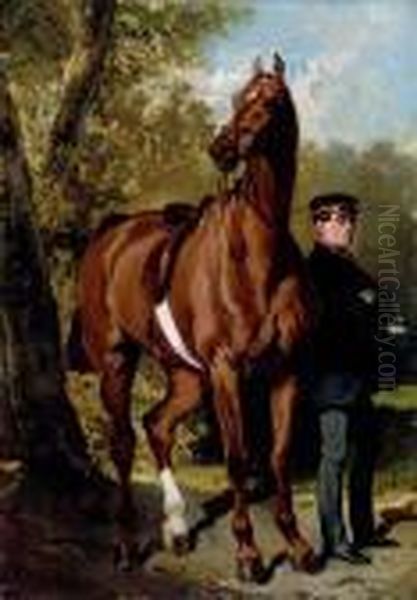 A Soldier With A Horse In A Landscape Oil Painting by Alfred De Dreux