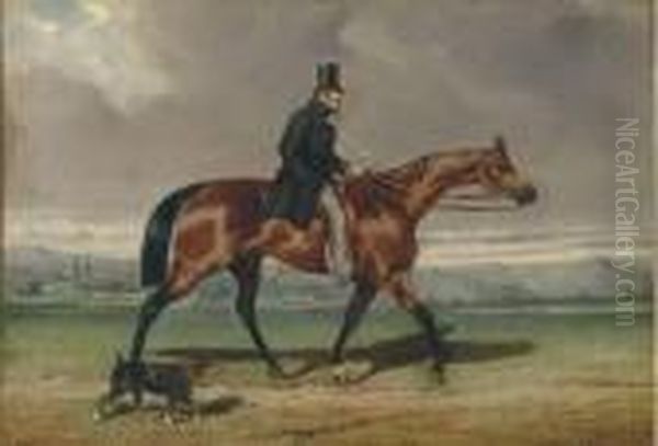 A Gentleman Out Riding On A Bay Horse With A Terrier Oil Painting by Alfred De Dreux