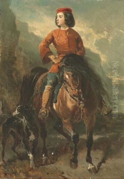 Jeune Cavalier Et Levrier Oil Painting by Alfred De Dreux