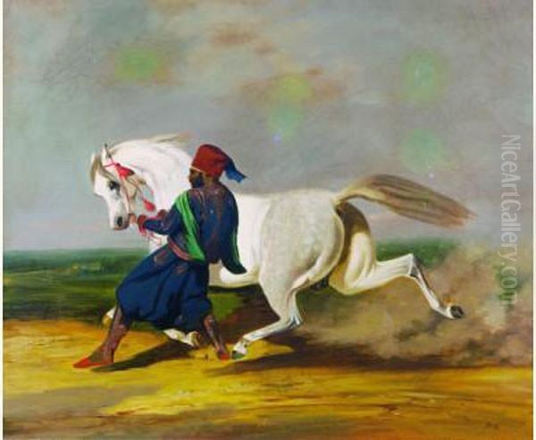 Palefrenier Reterant Un Cheval De Course Oil Painting by Alfred De Dreux