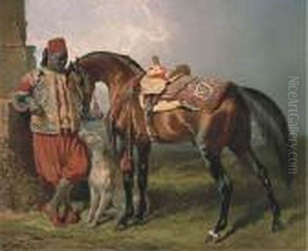 An African Groom Holding A Stallion, With A Dog Oil Painting by Alfred De Dreux