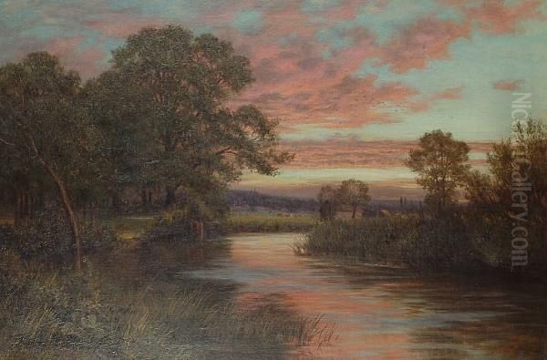 A River At Sunset. Oil Painting by Alfred De Dreux