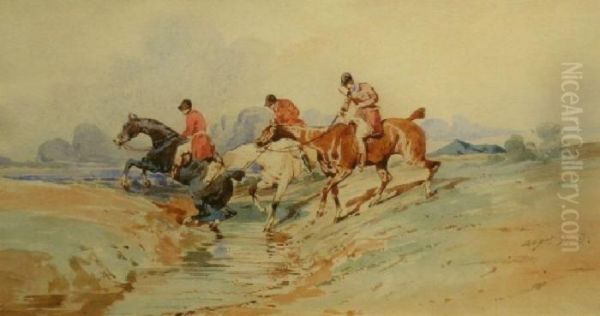 Chasse A Courre: Le Passage Du Ruisseau Oil Painting by Alfred De Dreux