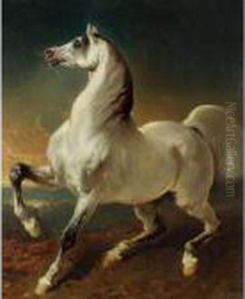 Cheval Blanc Effraye Par L'orage Oil Painting by Alfred De Dreux