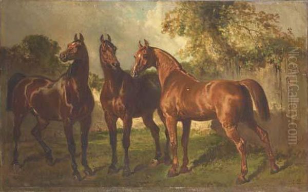 Trois Chevaux Dans Un Sous-bois Oil Painting by Alfred De Dreux