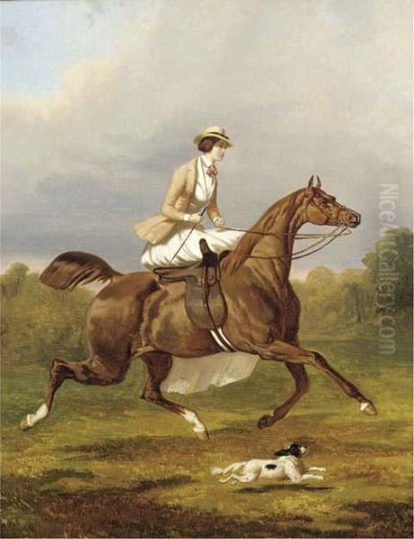 A Lady Riding Side Saddle Oil Painting by Alfred De Dreux