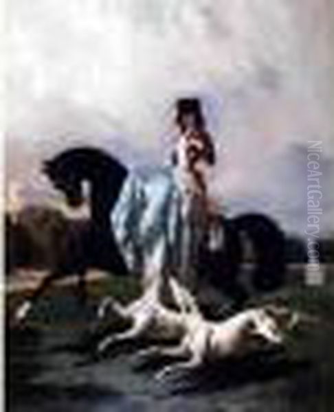 Amazone Et Levriers. Oil Painting by Alfred De Dreux