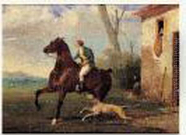 Cavalier, Suivi D'un Levrier, Sortant D'une Ecurie Oil Painting by Alfred De Dreux