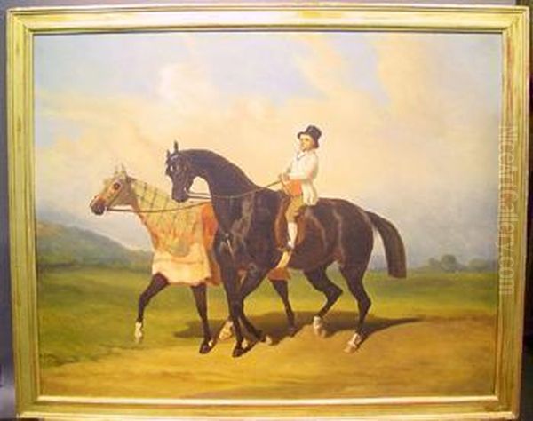 Groom Leading Two Horses In A Landscape Oil Painting by Alfred De Dreux