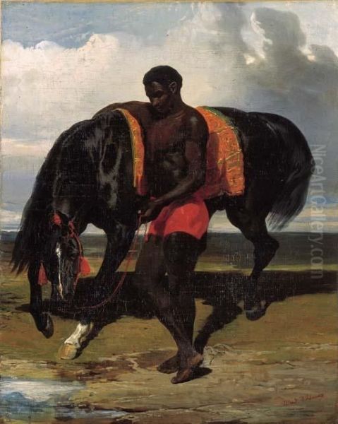 Africain Tenant Un Cheval Au Bord D'une Mer Oil Painting by Alfred De Dreux