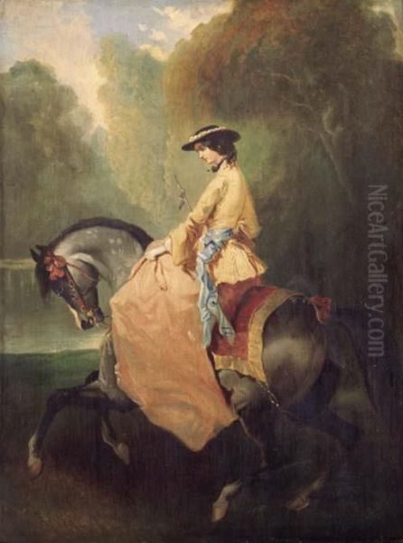 An Elegant Lady On Horseback by Alfred De Dreux