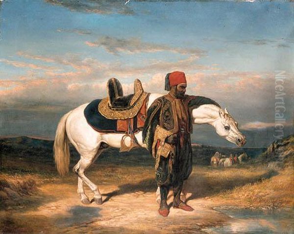 An Arabian Horseman Watering Oil Painting by Alfred De Dreux