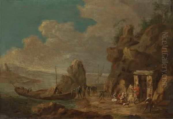 Coastal Landscape With Figures Unloading Aboat Oil Painting by Franz Ferg