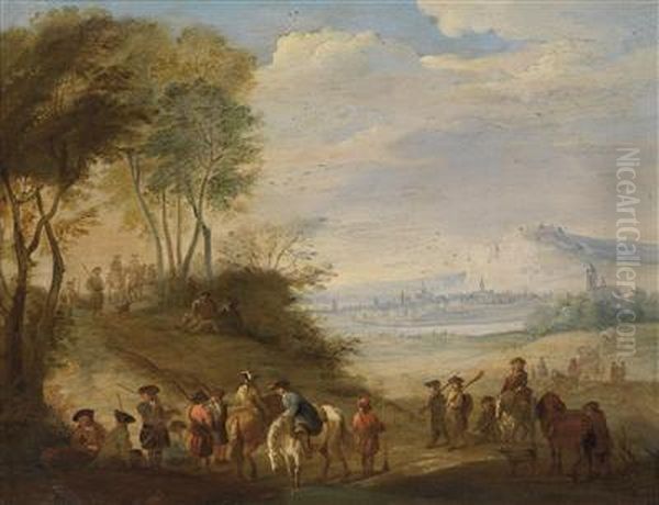 A Wide Landscape With A Hunting Party Oil Painting by Franz Ferg