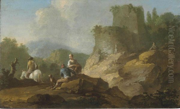 Landscape With Travellers And Ruins Oil Painting by Franz Ferg