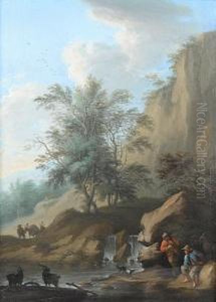 Goatherds And Their Flock 
Resting Before Awaterfall; And Travellers Resting Beside A Country Path Oil Painting by Franz Ferg