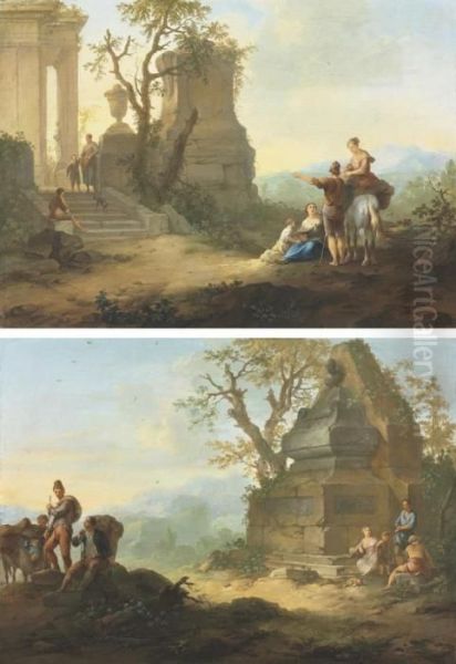 An Mountainous Landscape With Travellers Resting By An Edifice Oil Painting by Franz Ferg