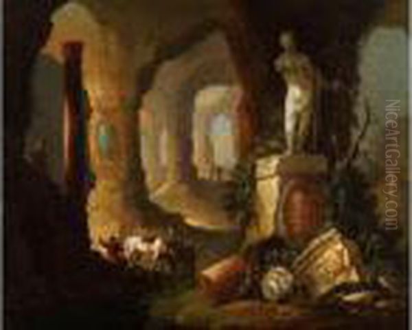 Grotte Mit Antiken Versatzstucken Und Figurenstaffage Oil Painting by Franz Ferg