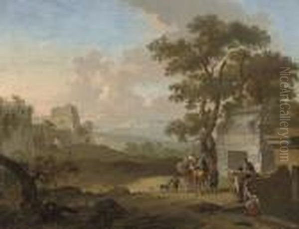 An Italianate Landscape With 
Travellers Conversing Outside A Classical Tomb, Mountains Beyond Oil Painting by Franz Ferg