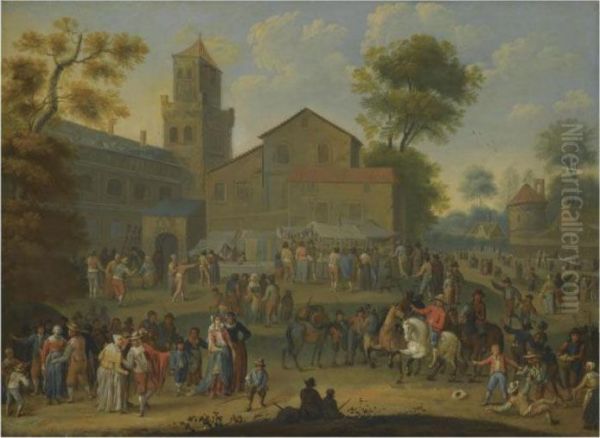 A Landscape With A Busy Market Scene Oil Painting by Franz Ferg