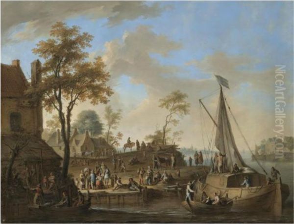 A River Landscape With Workers Loading Cargo Onto A Mooredboat Oil Painting by Franz Ferg