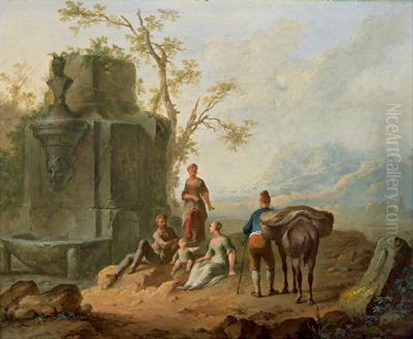 Scena Pastorale Presso Una Fonte Diroccata In Un Paesaggio Meridionale Oil Painting by Franz Ferg