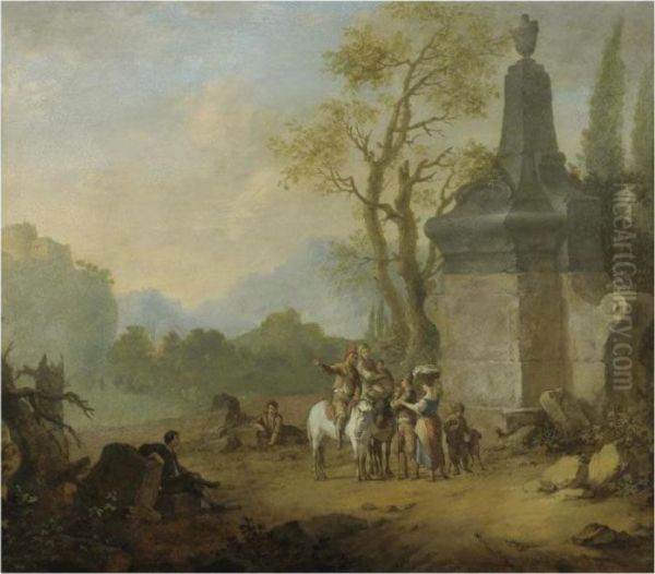 Peasants Conversing In An Italianate Landscape Oil Painting by Franz Ferg