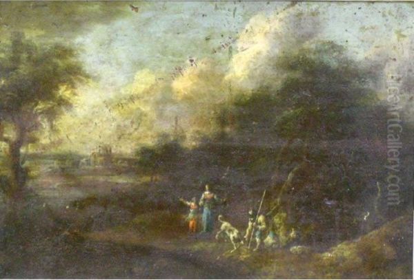 Attrib. - Landscape With Figures And A Dog Oil Painting by Franz Ferg