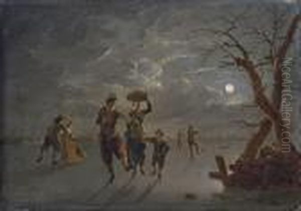 A Moonlit Winter Landscape With Skaters On A Frozen River Oil Painting by Franz Ferg