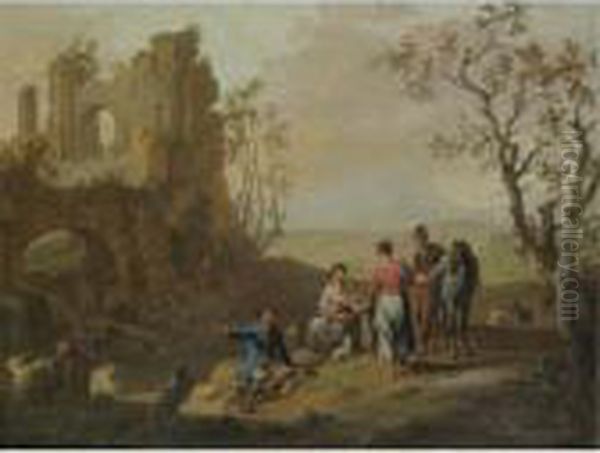 A Landscape With Figures Resting Near Classical Ruins Oil Painting by Franz Ferg