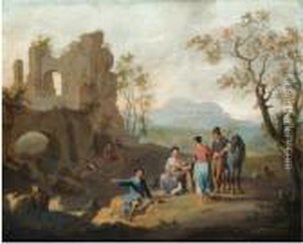 An Italianate Landscape With 
Travellers Resting Near Ruins And A Shepherd Tending His Flock Near A 
Stream Oil Painting by Franz Ferg