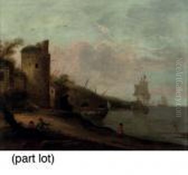 A Coastal Landscape With Figures
 Conversing By A Tower, Shipping Beyond; And A Coastal Landscape With 
Figures Conversing Near Ancient Ruins, Shipping Beyond Oil Painting by Franz Ferg