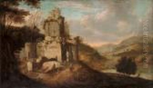 An Italianate Landscape With Figures By Ruins Oil Painting by Franz Ferg