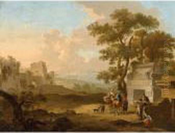 A Italianate Landscape With Travellers Conversing Before A Classical Tomb Oil Painting by Franz Ferg