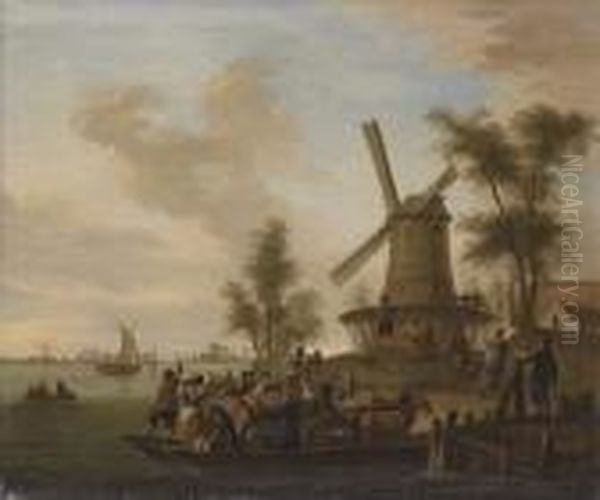 River Landscape With A Ferry And A Windmill Oil Painting by Franz Ferg