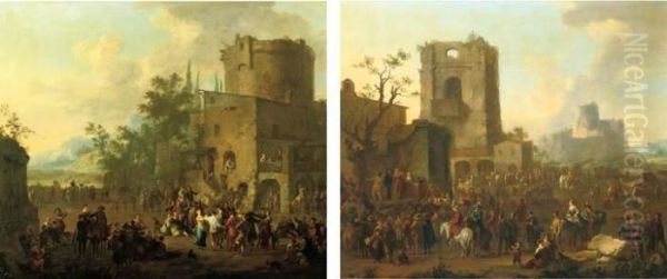 An Italianate Town With Figures Gathered Around A 'commedia Dell'arte' Play Oil Painting by Franz Ferg