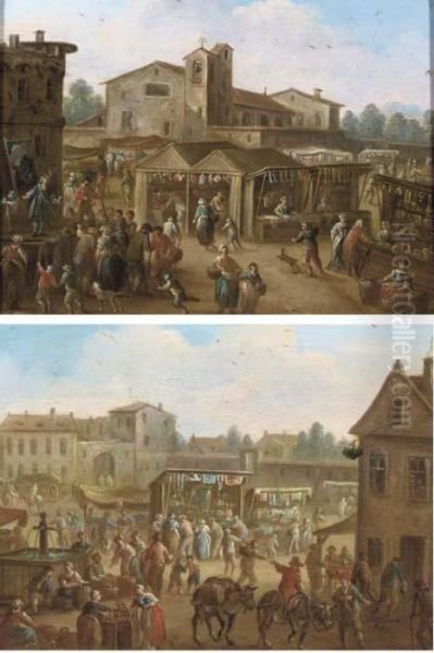 A Market Scene With Figures 
Gathered Around A Comedia Dell'arte Play; And A Village Square With A 
Market, And Two Mules Near A Fountain In The Foreground Oil Painting by Franz Ferg