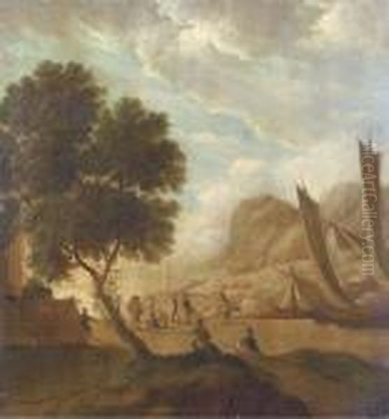 A Mediterranean Landscape With 
Elegant Figures Resting By Theshore, Moored Sailing Vessels And A Ruin 
Nearby Oil Painting by Franz Ferg