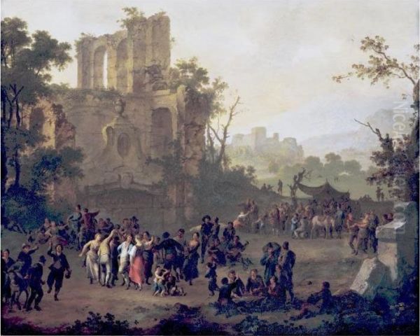 Peasants Merrymaking By A Ruin In A Mountainous Landscape Oil Painting by Franz Ferg