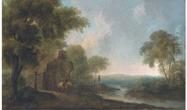 A Landscape With Travellers On A Track By A Cottage Oil Painting by Franz Ferg