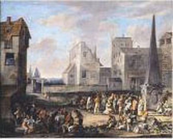 A Town Scene With Figures In A Square, Gathered Around An Obelisk Oil Painting by Franz Ferg