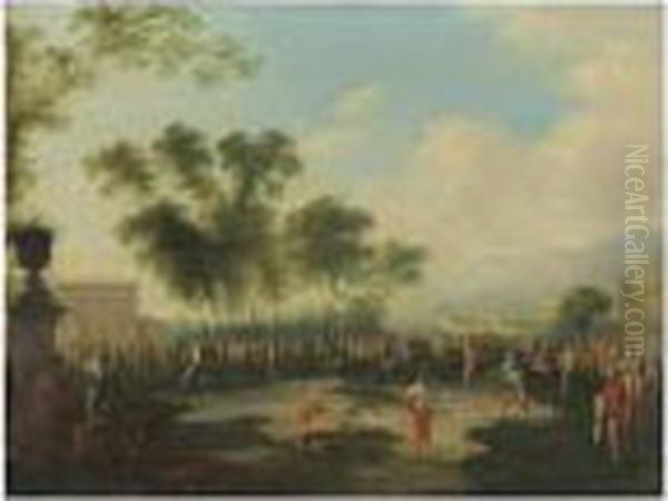 Personnages Elegants Se 
Promenant Dans Le Parc D'une Villa Italienne Personnages Jouant A Un Jeu
 De Ballon Dans Un Jardin Oil Painting by Franz Ferg