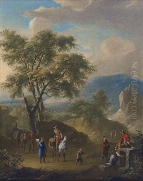 A Mountainous Landscape With Peasants Travelling On A Path Oil Painting by Franz Ferg