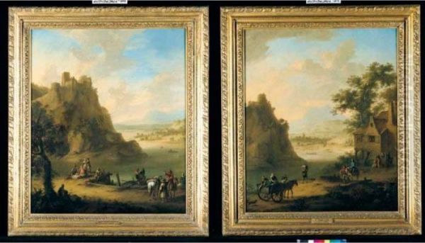 Rhenish Landscapes With Figures 
At A Quay Beneath A Hilltop Castle And A Horse And Cart And Other 
Travellers Near A Mill Oil Painting by Franz Ferg