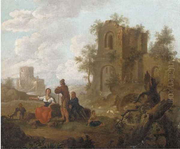 A Landscape With Figures 
Conversing Before Ruins; And A River Landscape With Figures Conversing 
Before Ruins Oil Painting by Franz Ferg